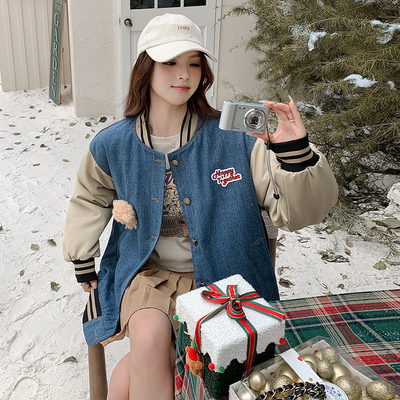 【雪景】牛仔加棉棒球服外套（玩偶可拆卸）155-198-P175控275,女装短外套,世纪海洋