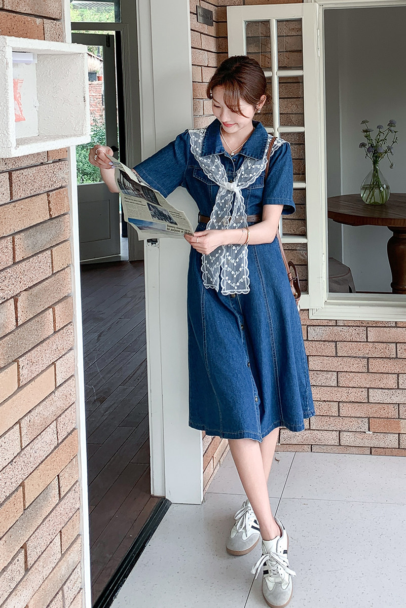 盐系减龄披肩牛仔连衣裙女2025春秋季新款收腰显瘦高级感衬衫长裙,女装连衣裙,世纪海洋