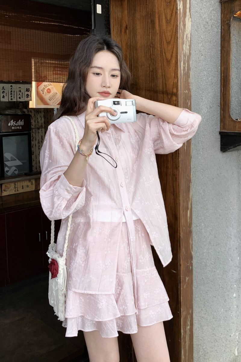 粉色印花小个子轻薄防晒衬衫套装女夏季新款超好看休闲短裙两件套,女装套装/套裙,世纪海洋