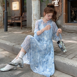 【现货】木耳边领拼接裙摆中袖连衣裙155-8598-P125K195图片