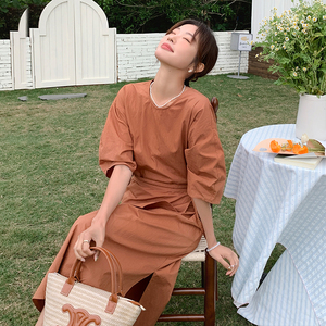【现货】夏季纯色圆领中袖松紧束带连衣裙155-611-P115K165图片