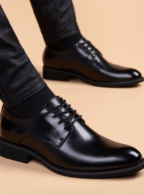 春秋皮鞋男款真皮韩版商务正装鞋尖头系带内增高英伦休闲皮鞋婚鞋