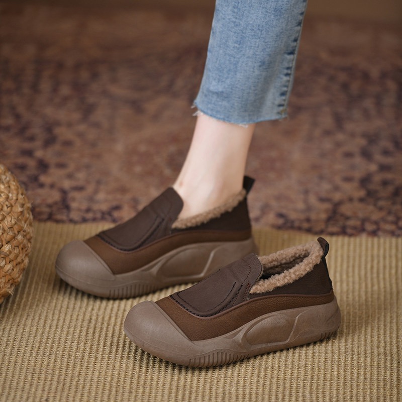 软皮一脚蹬加绒毛毛鞋女2024年冬季新款棉鞋厚底单鞋妈妈休闲鞋子