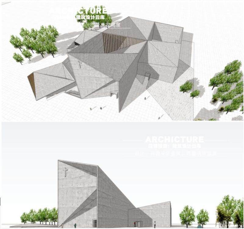 现代简约风格异形清水混凝土建筑教堂su模型