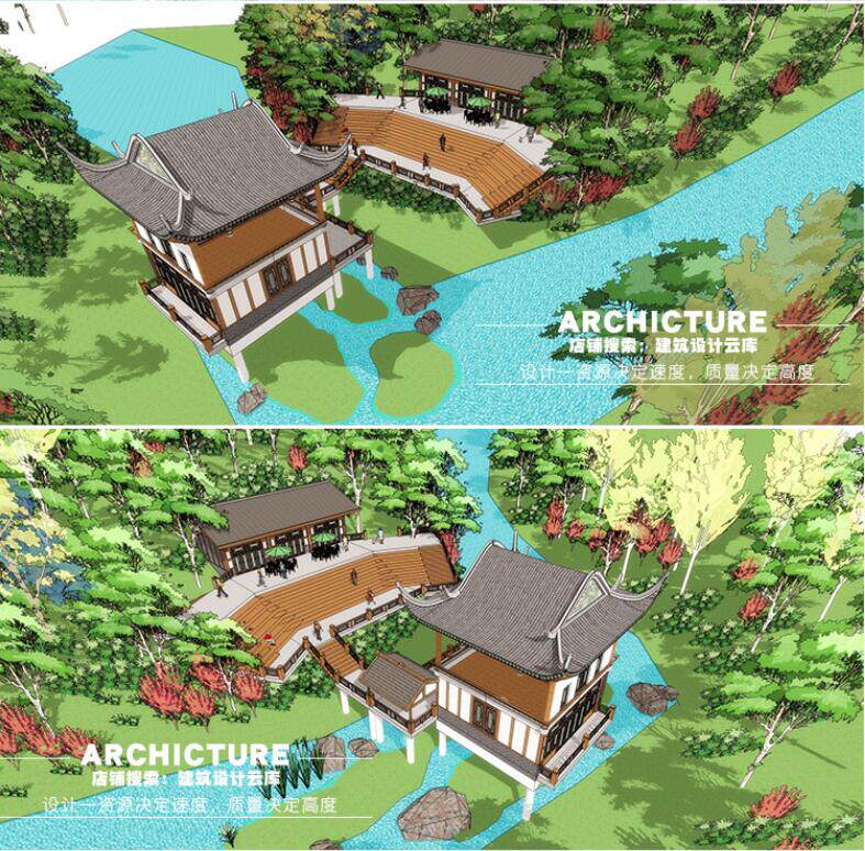 传统山间亲水架空/木结构茶楼茶馆/旅游体验商业建筑设计/su模型
