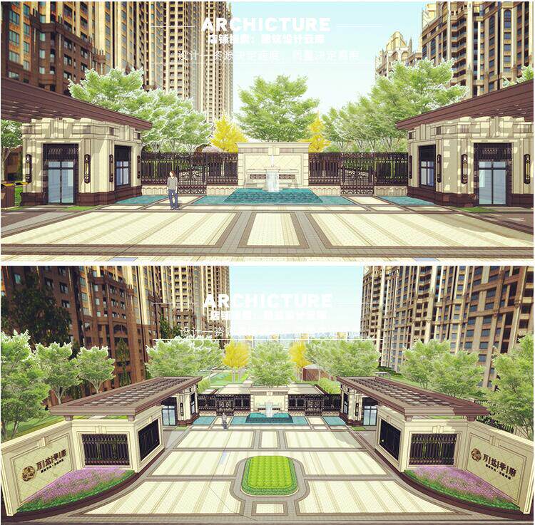 新古典/石材高层住宅居住区主入口/门卫大门/人行车行出口/su模型