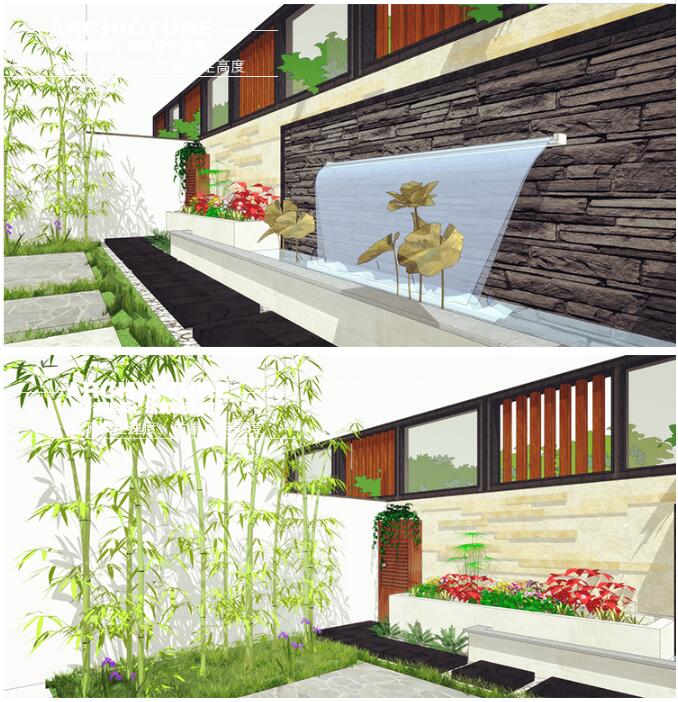 现代/创意/住宅小庭院院子/花园景观/竹子/汀步/水景/花池/su模型