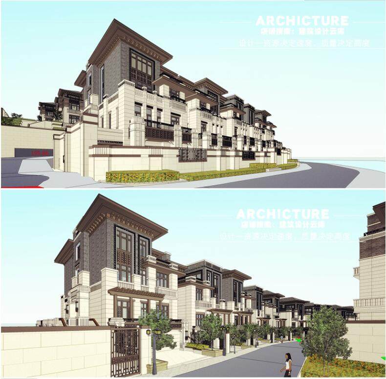 新亚洲中式滨水临湖台地山地三层联排坡屋顶/别墅住宅建筑/su模型