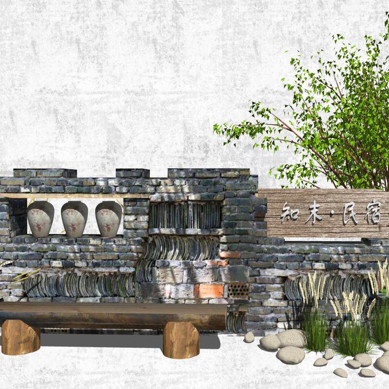 现代青砖瓦片乡村景观墙景墙装饰墙 园艺小品标识 民宿景观su模型