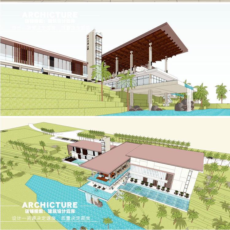 现代中式亲水临湖架空/茶楼半室外茶馆休闲中心/建筑设计/su模型