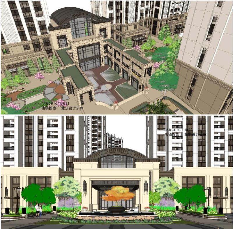 上海欧式风格豪宅住宅小区柱廊售楼部大门景观su模型