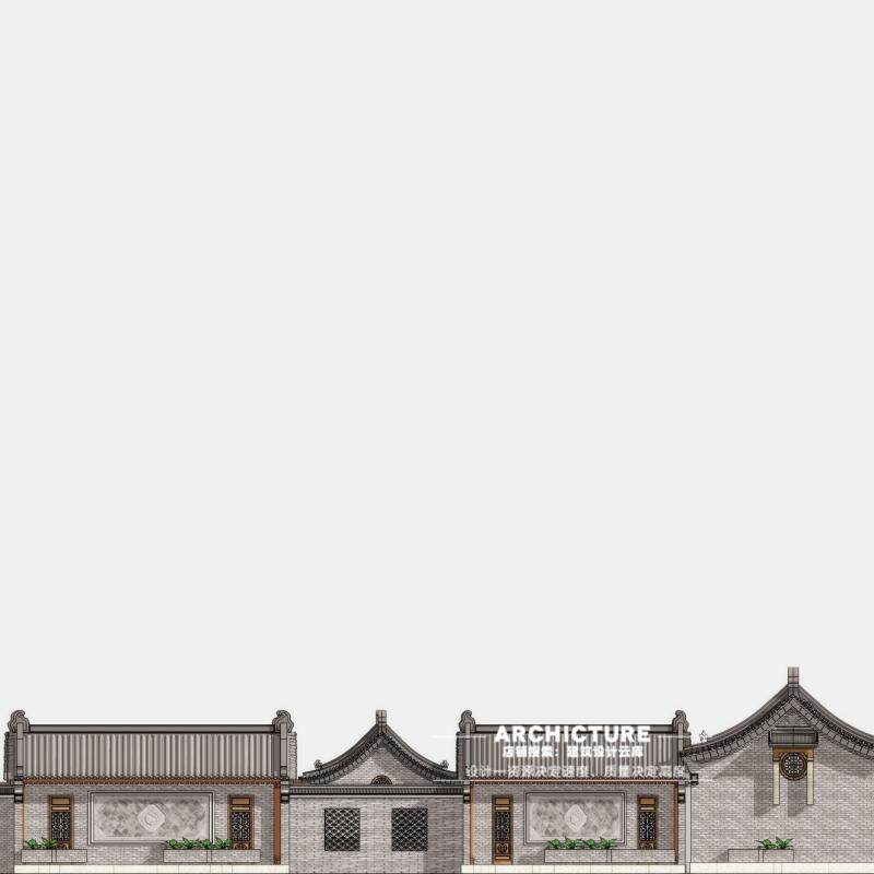 中式岭南风情别墅住宅四合院院落坡屋顶仿古建筑草图大师su模型