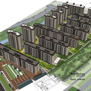 新中式风格小区8层坡屋顶住宅小区规划设计su模型草图大师