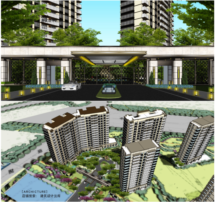 现代简约风格高层板式对称小区入口大门住宅su模型