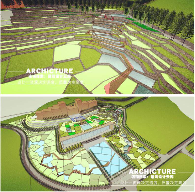 现代/创意公共建筑类梯田地形景观/木栈道/亭子/规划设计/su模型