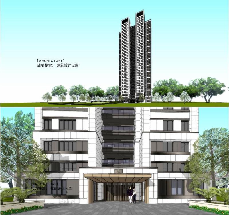 现代城市高层住宅小区石材对称小区入户门头su设计模型