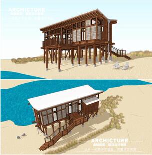 浪漫休闲海边度假架空小木屋木结构建筑设计su模型