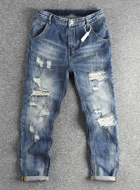 夏季新品重工艺水洗磨烂破洞牛仔裤男修身小直筒美式复古潮流长裤