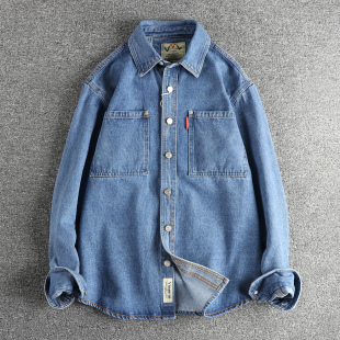 宽松潮牌长袖 实拍 男春秋季 怀旧复古牛仔衬衫 衬衣品质外套潮 美式