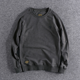 英伦复古水洗做旧竹节棉圆领上衣春秋百搭宽松男士 卫衣长袖