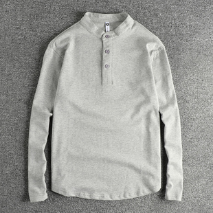 T恤百搭休闲纯色打底衫 长袖 潮 复古亨利领男款 280G精梳棉水洗美式