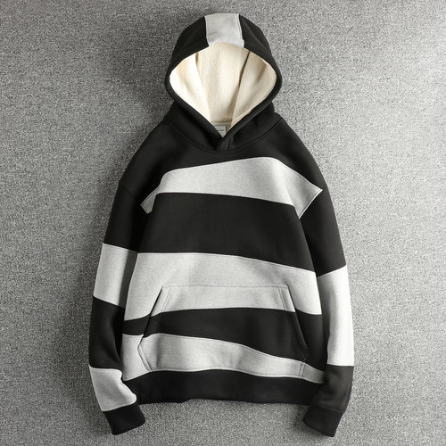 550G重磅加绒加厚拼接设计感连帽卫衣男美式高街潮流青年帽衫上衣