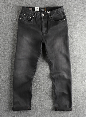 美式高级感水洗黑灰色牛仔裤男 欧美外贸潮流合身小直筒青年长裤