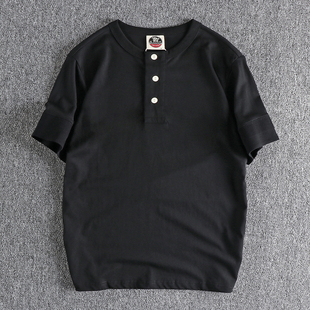 袖口宽边螺纹精梳棉水洗美式复古亨利领短袖男T恤夏季新品时尚tee