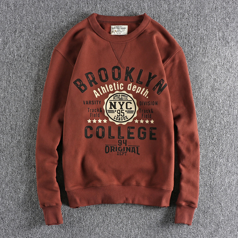 新款阿美咔叽复古重磅厚实加绒圆领卫衣男 拔印字母图案长袖上衣