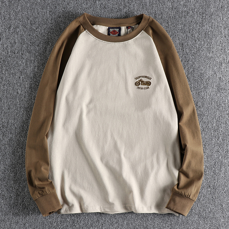 高克重撞色插肩袖拼接长袖T恤