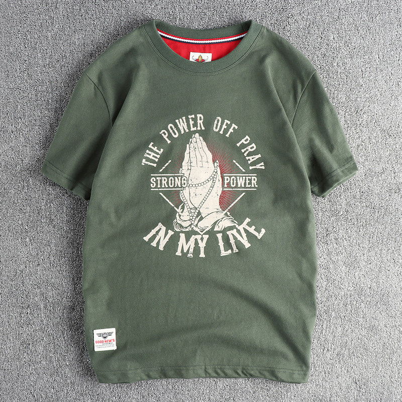 高街复古佛手图案短袖T恤男 水洗磨毛全棉舒适圆领半袖潮青年tee