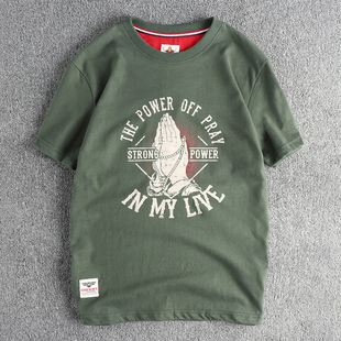 潮青年tee 水洗磨毛全棉舒适圆领半袖 高街复古佛手图案短袖 T恤男