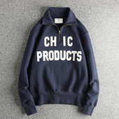 460G重磅加绒加厚半开立领男士 卫衣贴布字母美式 复古潮流套头上衣