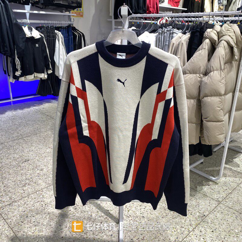 Puma彪马正品春季新款男针织圆领刺绣拼接撞色宽松休闲线衫636881
