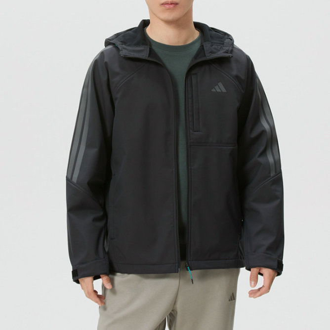 Adidas阿迪达斯正品新款春秋男款运动连帽印花软壳夹克外套KR2496