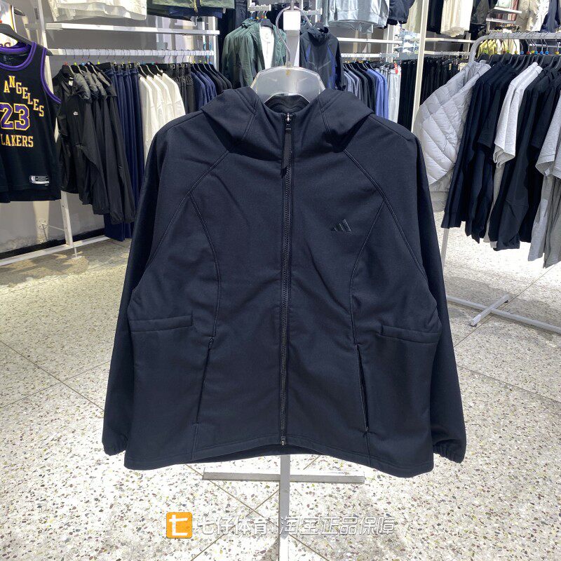 Adidas阿迪达斯正品秋季新款女子梭织连帽黑色休闲夹克外套KZ1595