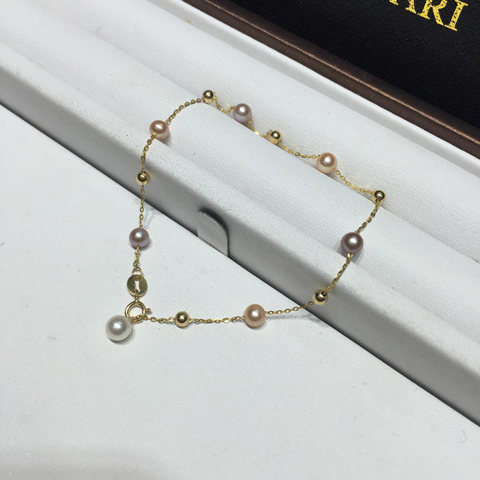 混彩珍珠手链 18K金珍珠手链迷你珍珠手链三色混彩精致手链