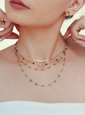 青金石串珠双层锁骨链PVD镀金