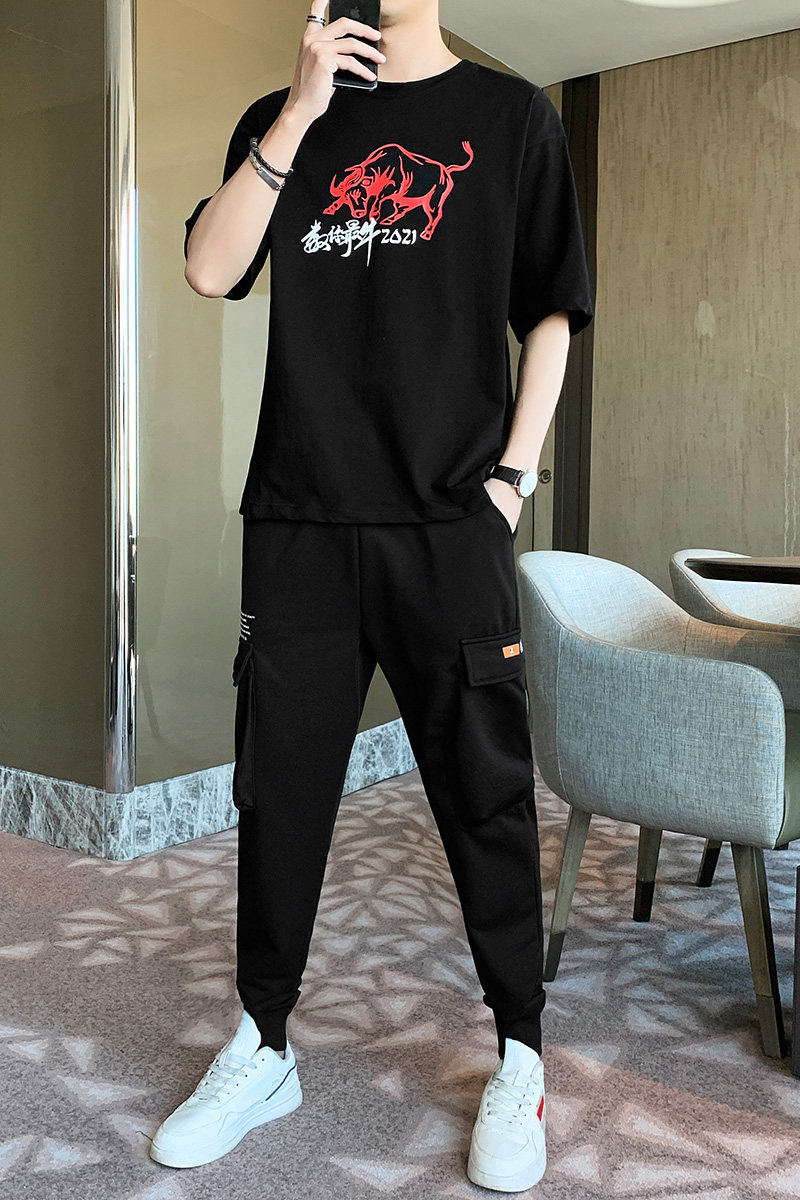 牛气冲天夏季短袖九分裤休闲运动套装A210-TZ8608-P60,男装T恤,星座210-3