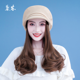 帽子假发一体时尚中长卷发贝雷帽戴帽子的假发女一体秋冬季可拆卸