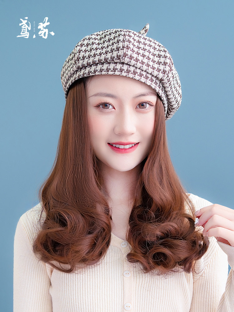 假发2023年时尚新款贝雷帽假发帽子一体时尚可拆长卷发仿真人发丝