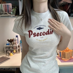 纯棉正肩独特上衣2026夏季 美式 风字母印花短袖 T恤女灰色修身 新款