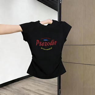 黑色美式 T恤女2026夏季 收腰褶皱修身 显瘦超火减龄小上衣 正肩短袖