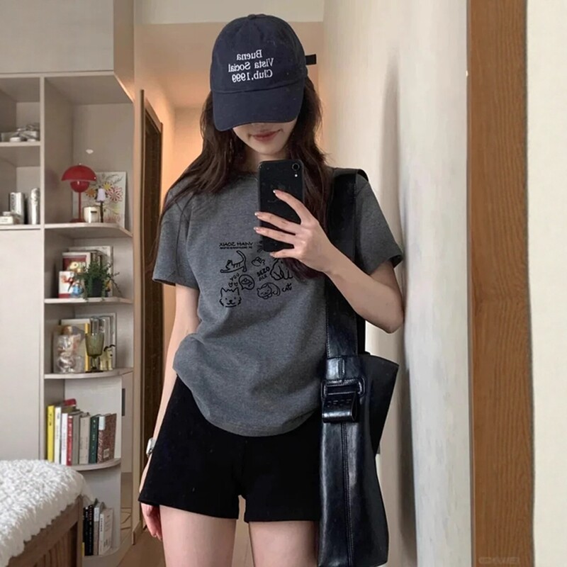 灰色纯棉短袖t恤美式印花正肩圆领修身显瘦辣妹上衣基础版体恤衫