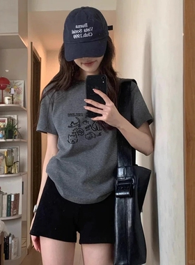 灰色纯棉短袖t恤美式印花正肩圆领修身显瘦辣妹上衣基础版体恤衫