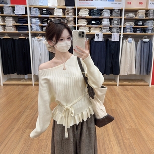 温柔风韩系一字肩荷叶边系带收腰针织衫 女斜肩打底毛衣女内搭秋冬