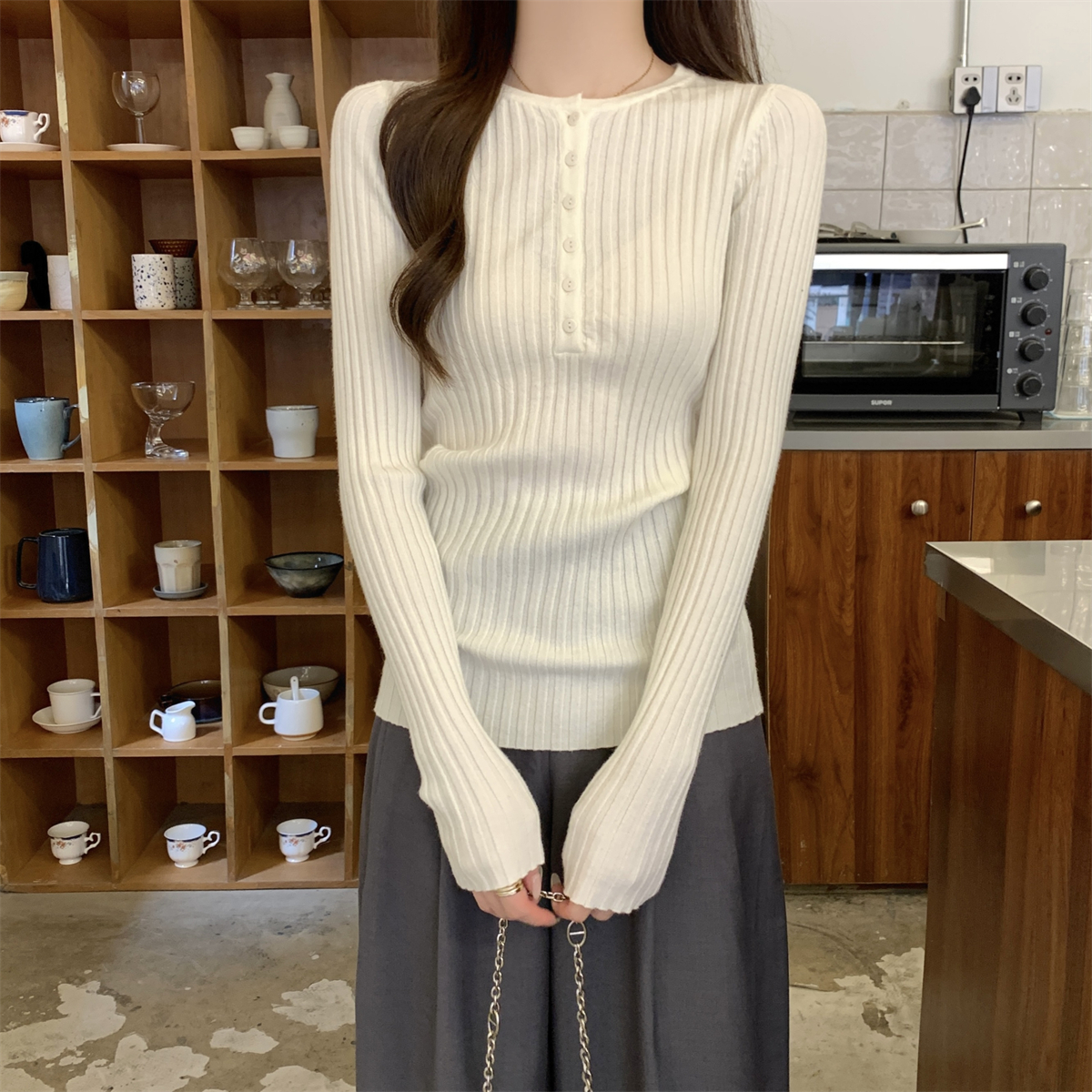 秋冬季温柔风坑条针织衫