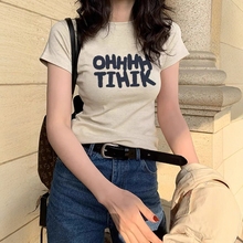 美式正肩女t恤短袖2025新款字母印花修身辣妹漂亮独特绝美小上衣