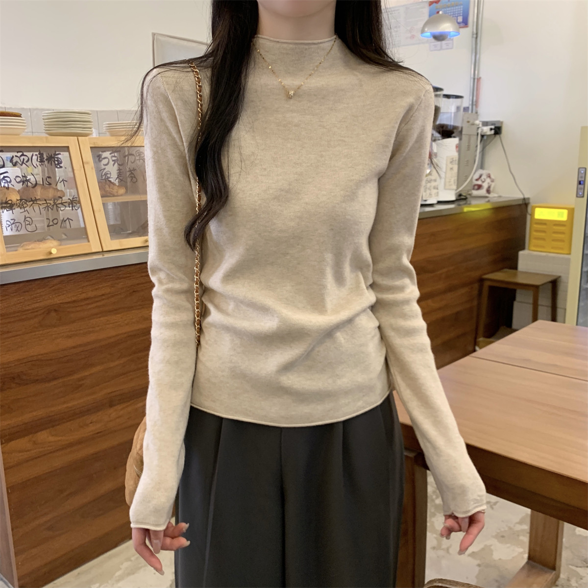 韩版修身半高领内搭褶皱毛针织衫