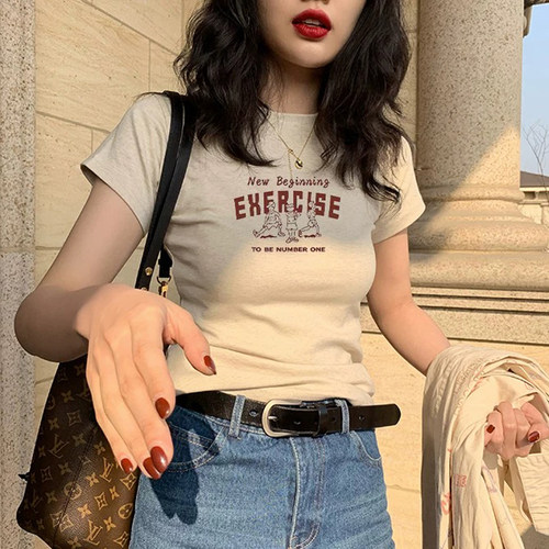 夏季美式复古修身印花短袖T恤女